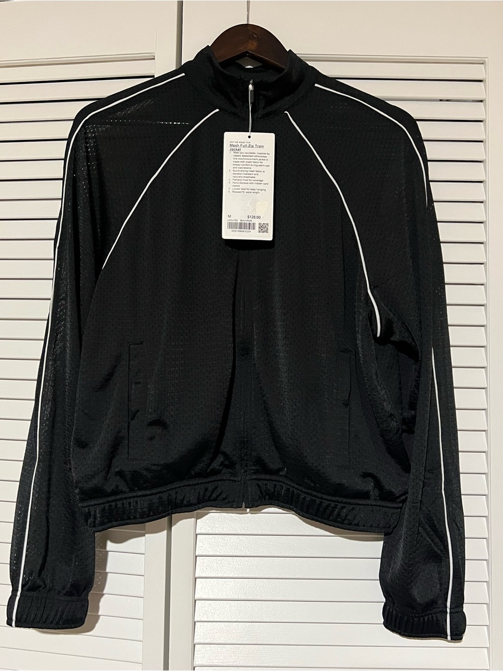 Lululemon Mesh Full-Zip Train Jacket, Size M, Black With White Piping.